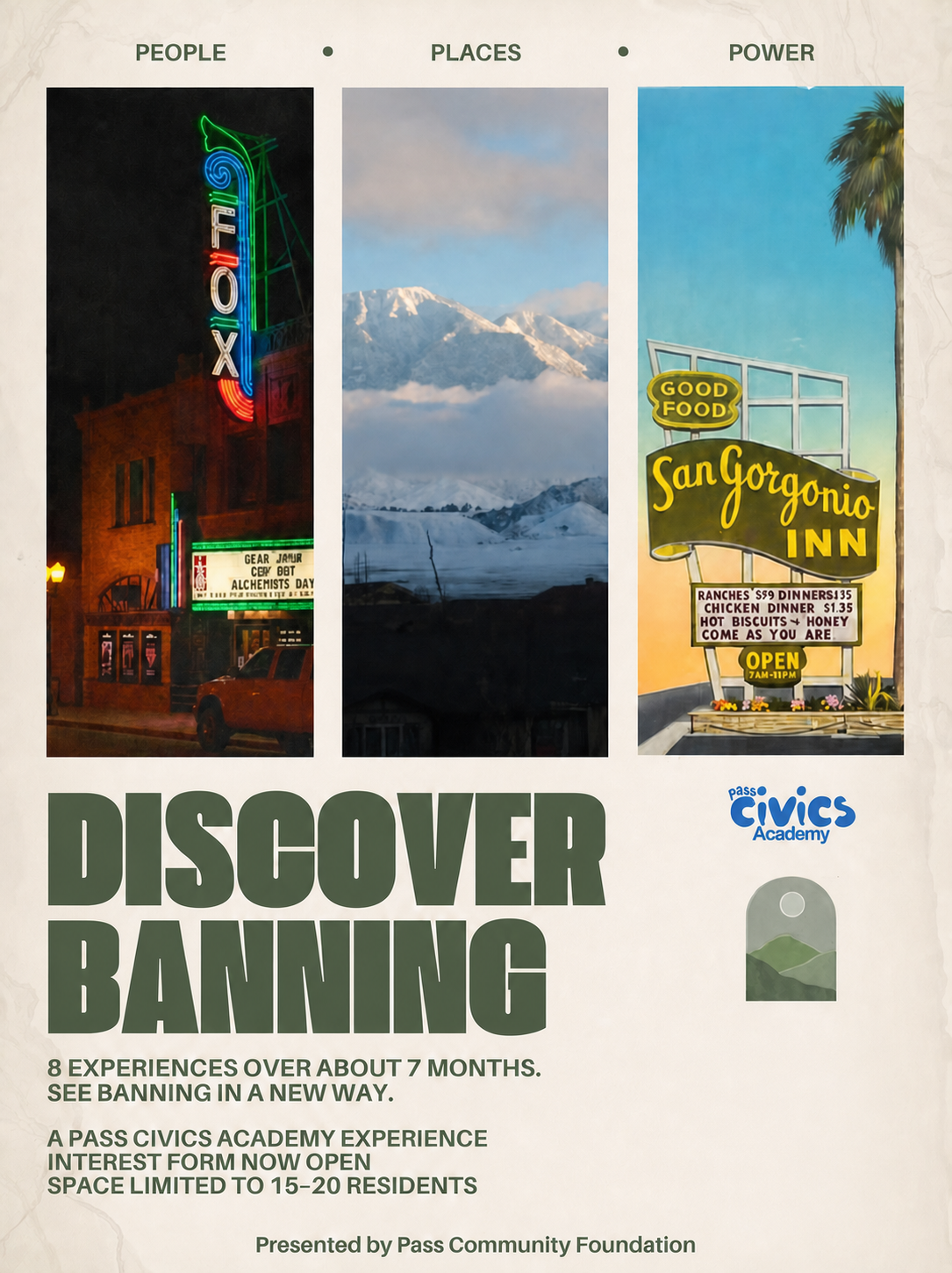Discover Banning program artwork featuring the Fox Theatre, San Gorgonio Pass mountains, and San Gorgonio Inn sign